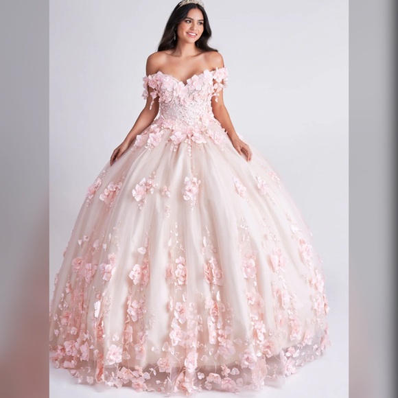 3D flower champagne & blush pink wedding dress, princess prom dress or ball gown - Picture 2 of 2